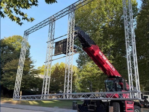 VFX Crew Labour Frame for large VFX screen. Held up by a crane in a park