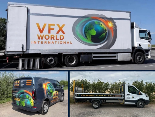 large truck, flatbed trick and luton van - all show VFX World International Logo